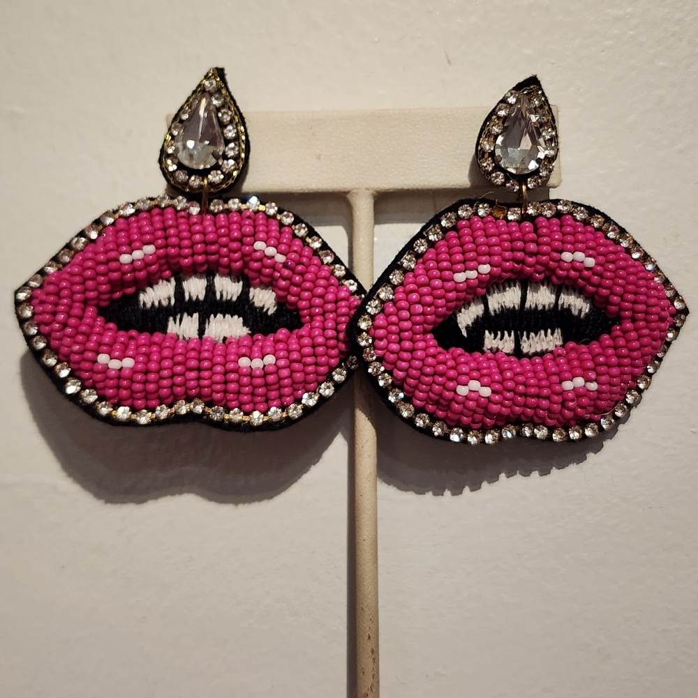 Statement Beaded Lip Earrings Pink RhinestoneY2K Novelty Size O/S